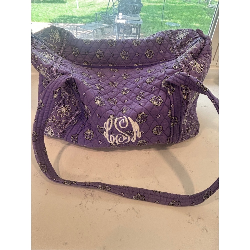 Vera Bradley Purple Quilted Floral Paisley Cotton Duffel Travel Bag Monogram LSM - Picture 2 of 7